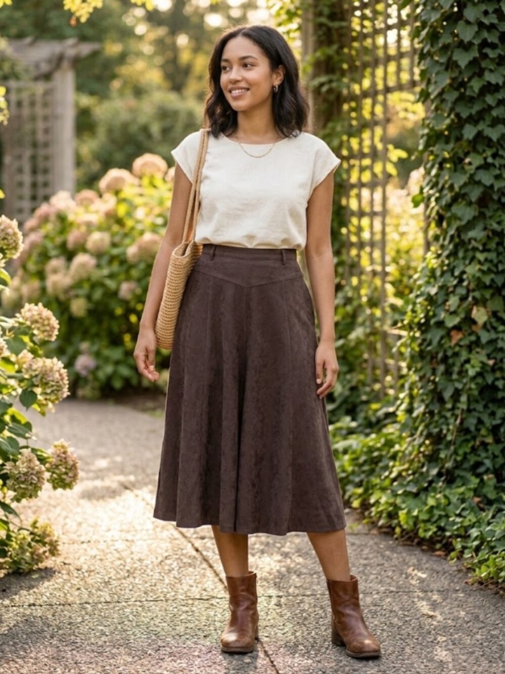 Orvis Vintage Brown Faux Suede A-Line Midi Skirt Sz 12 Pockets Fall Photo Shoot - Picture 3 of 11